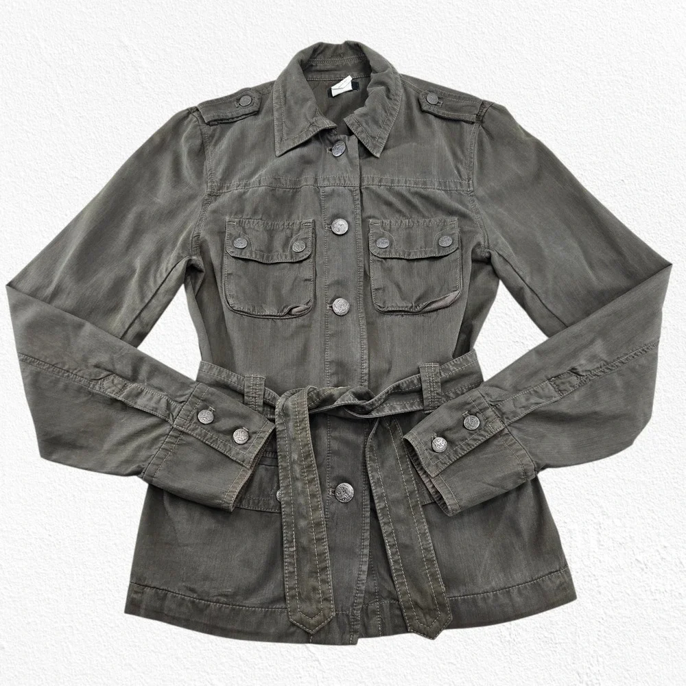 J. Crew Olive Green Utility Jacket Silk Blend Belted Military Style Size Small